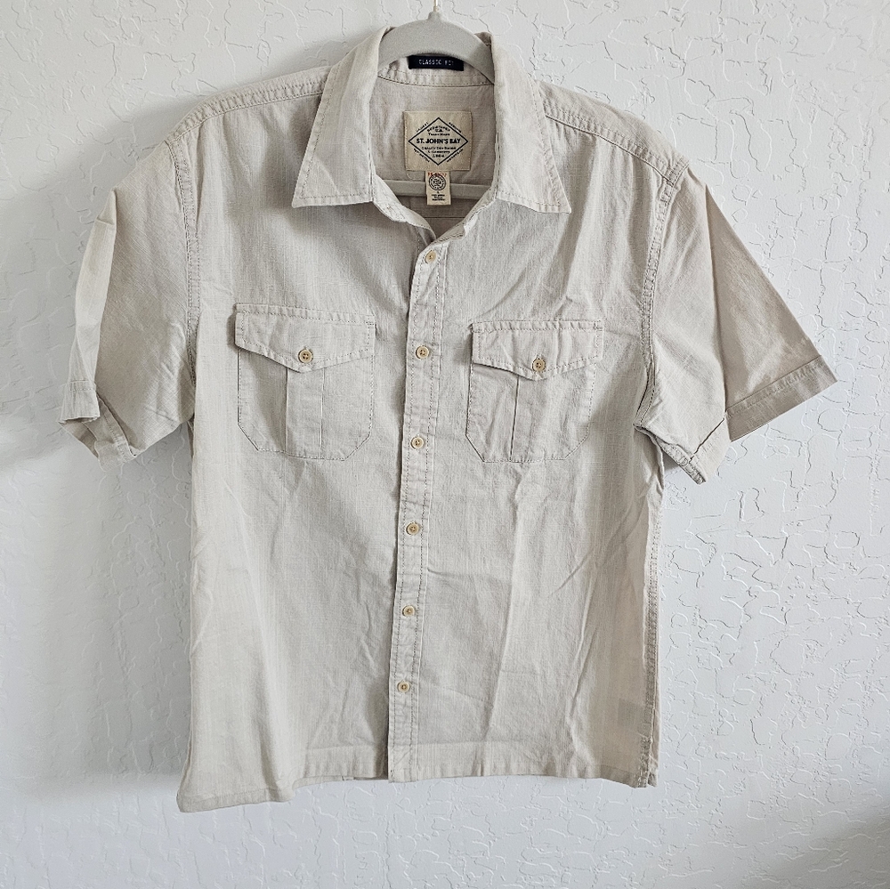 St. John's Bay Men’s‎ Beige Button-Down Shirt | Size Small | 100% Cotton Classic